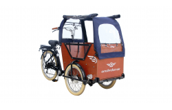 Triporteur Smiley avec caisse miel et tente de pluie bleue