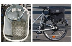 À gauche, le fond renforcé en tôle larmée de la malle, à droite la sacoche arrière incluse avec le vélo 