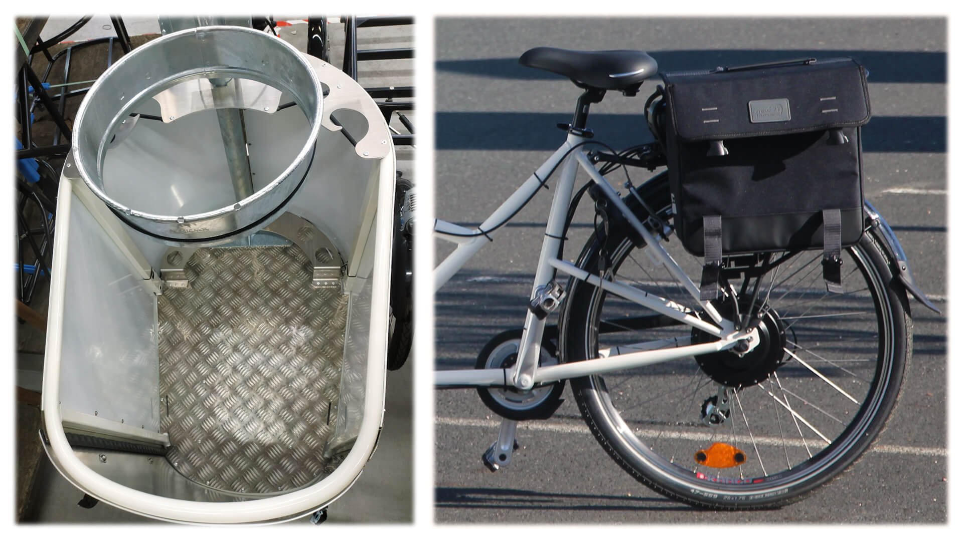 À gauche, le fond renforcé en tôle larmée de la malle, à droite la sacoche arrière incluse avec le vélo 