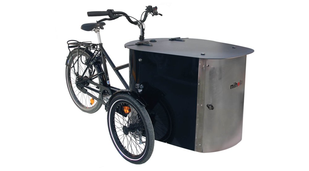 Le NIHOLA CARGO XL Événementiel avec porte avant, comptoir débordant et moteur pédalier Shimano STEPS