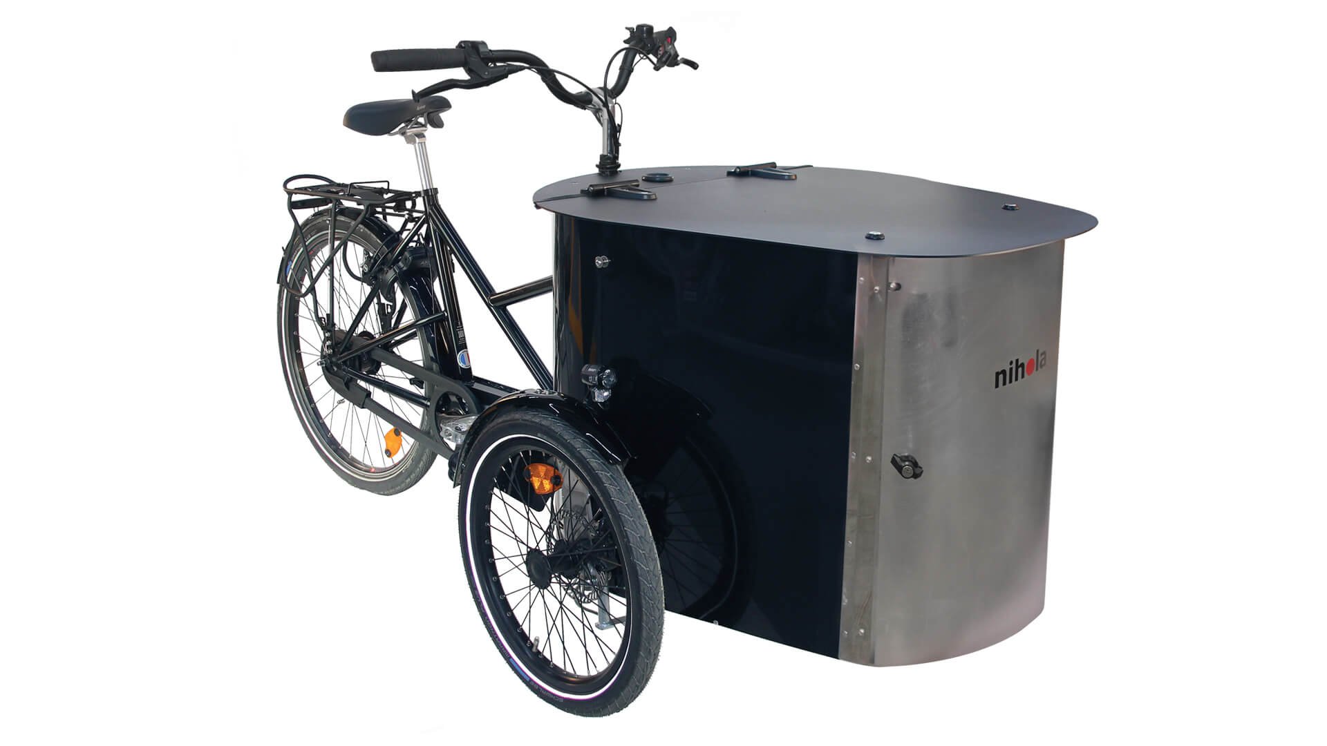Le NIHOLA CARGO XL Événementiel avec porte avant, comptoir débordant et moteur pédalier Shimano STEPS