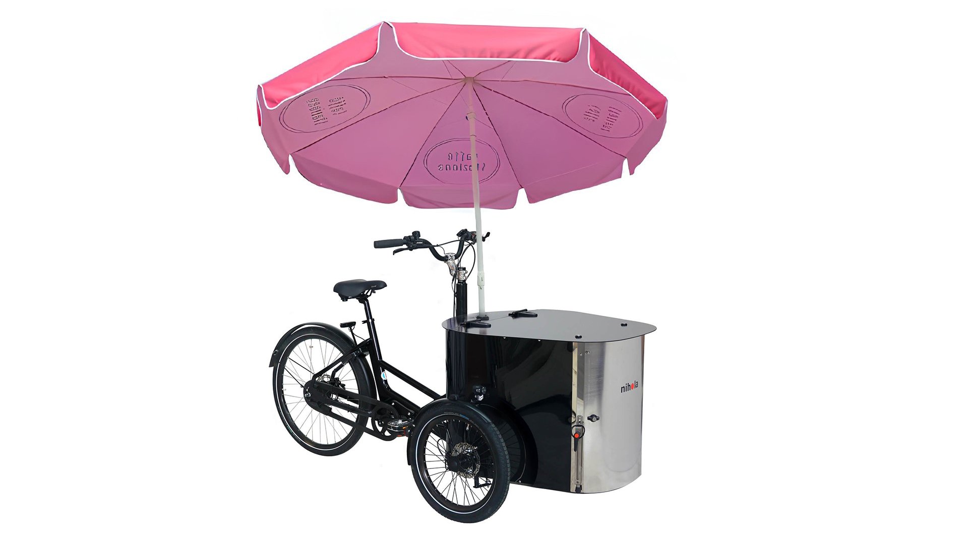 Triporteur NIHOLA CARGO XL Événementiel avec parasol rond personnalisée 