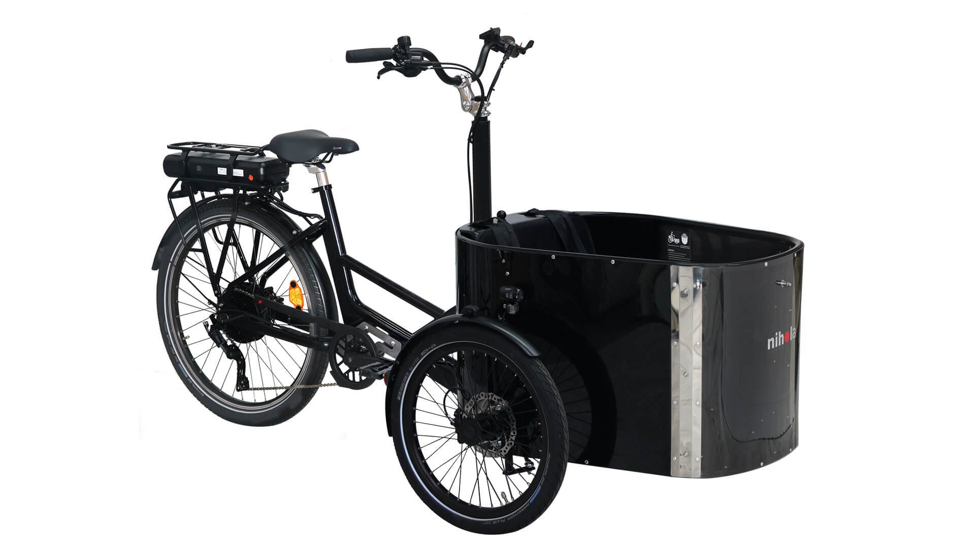 Triporteur NIHOLA CARGO Family avec assistance roue arrière Bafang et fronton lexan transparent
