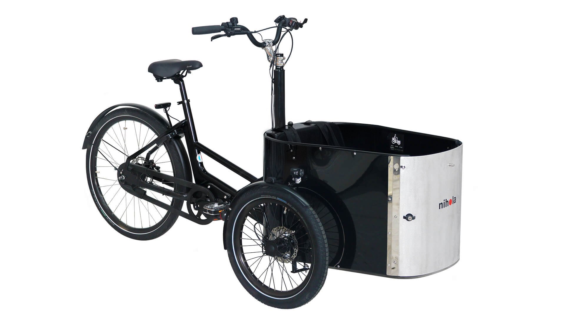 Triporteur NIHOLA CARGO Family avec assistance pédalier Shimano et porte avant en aluminium