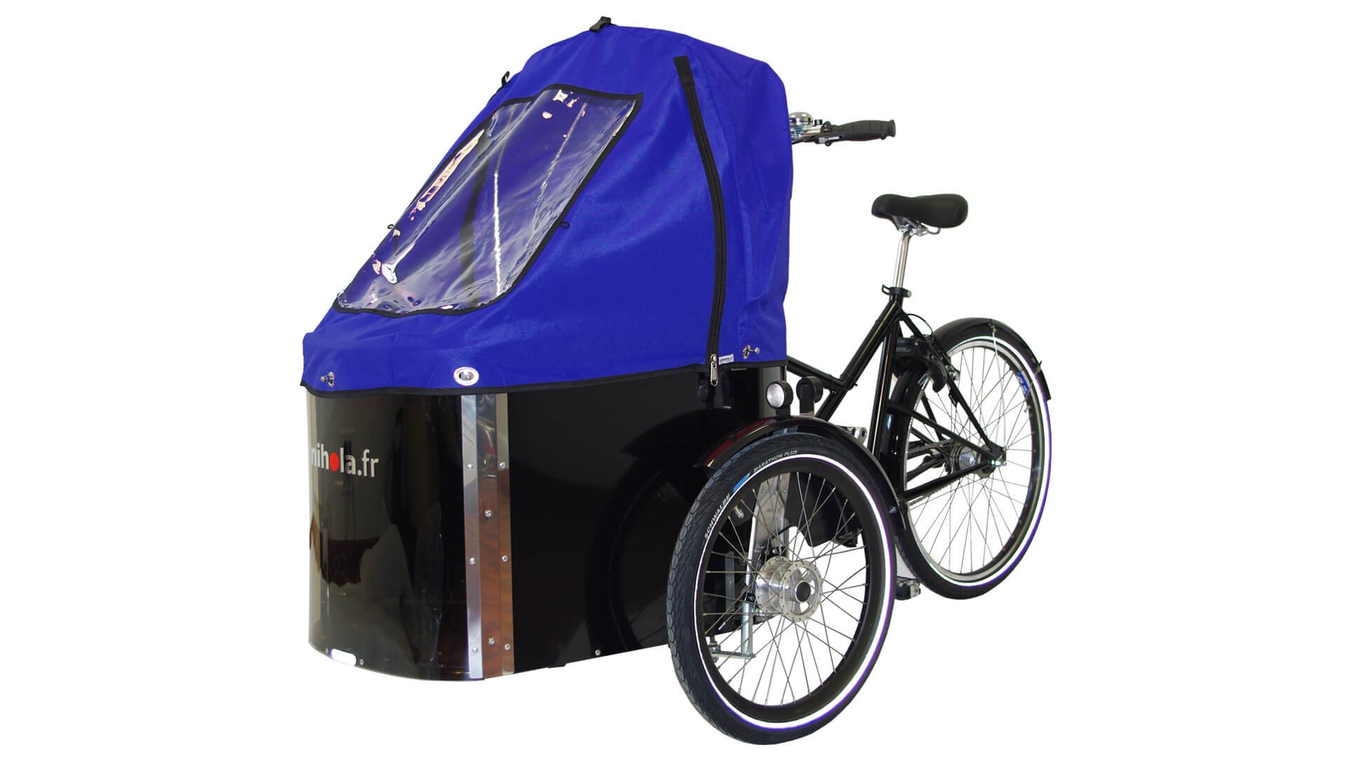 Triporteur Nihola Cargo avec capote de pluie bleue