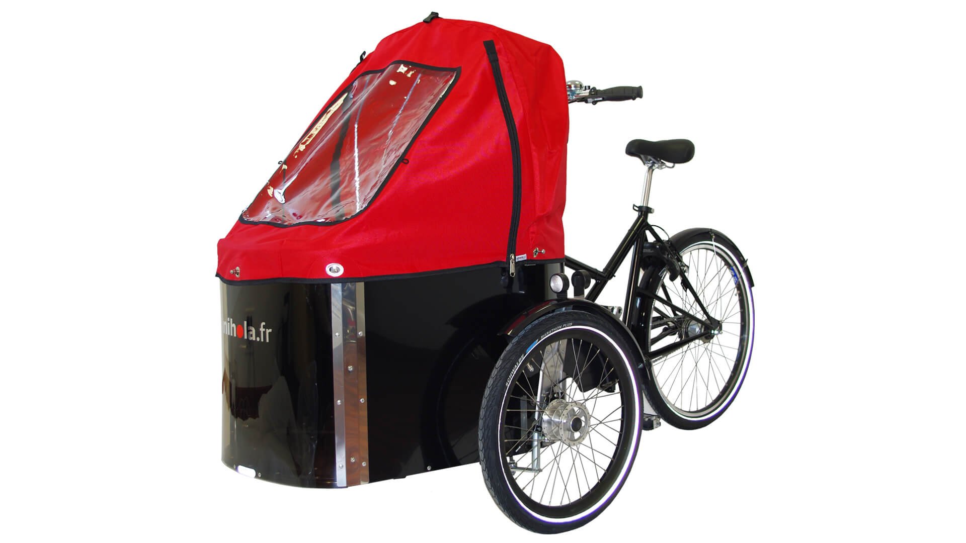 Triporteur Nihola Cargo avec capote de pluie rouge