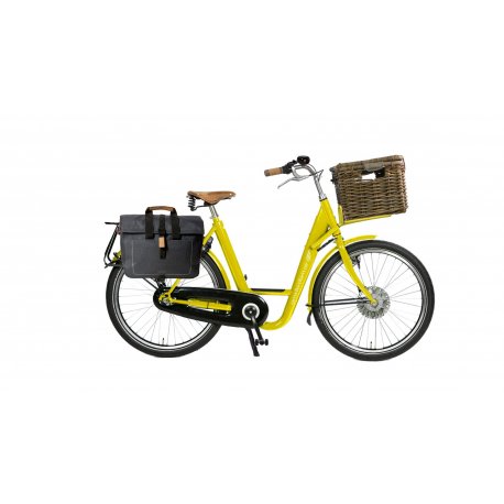 Docker Premium avec cadre jaune, malle sur le porte-bagage avant et sacoche sur le porte-bagage arrière Docker Premium avec cadre jaune, malle sur le porte-bagage avant et sacoche sur le porte-bagage arrière