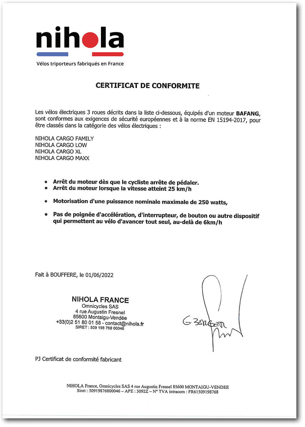 Certificat de conformité moteur électrique Bafang