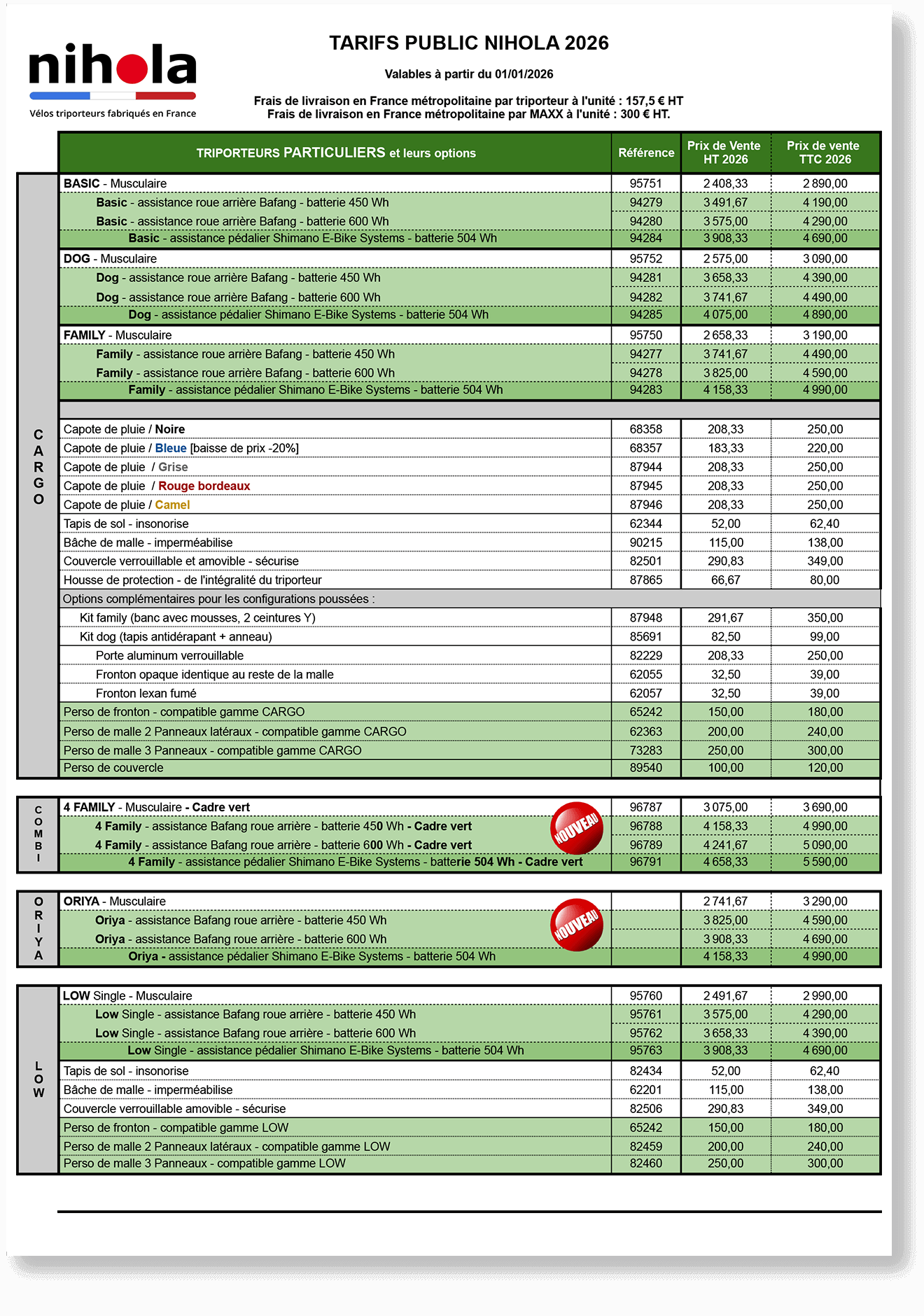 Tarifs publics Nihola 2026