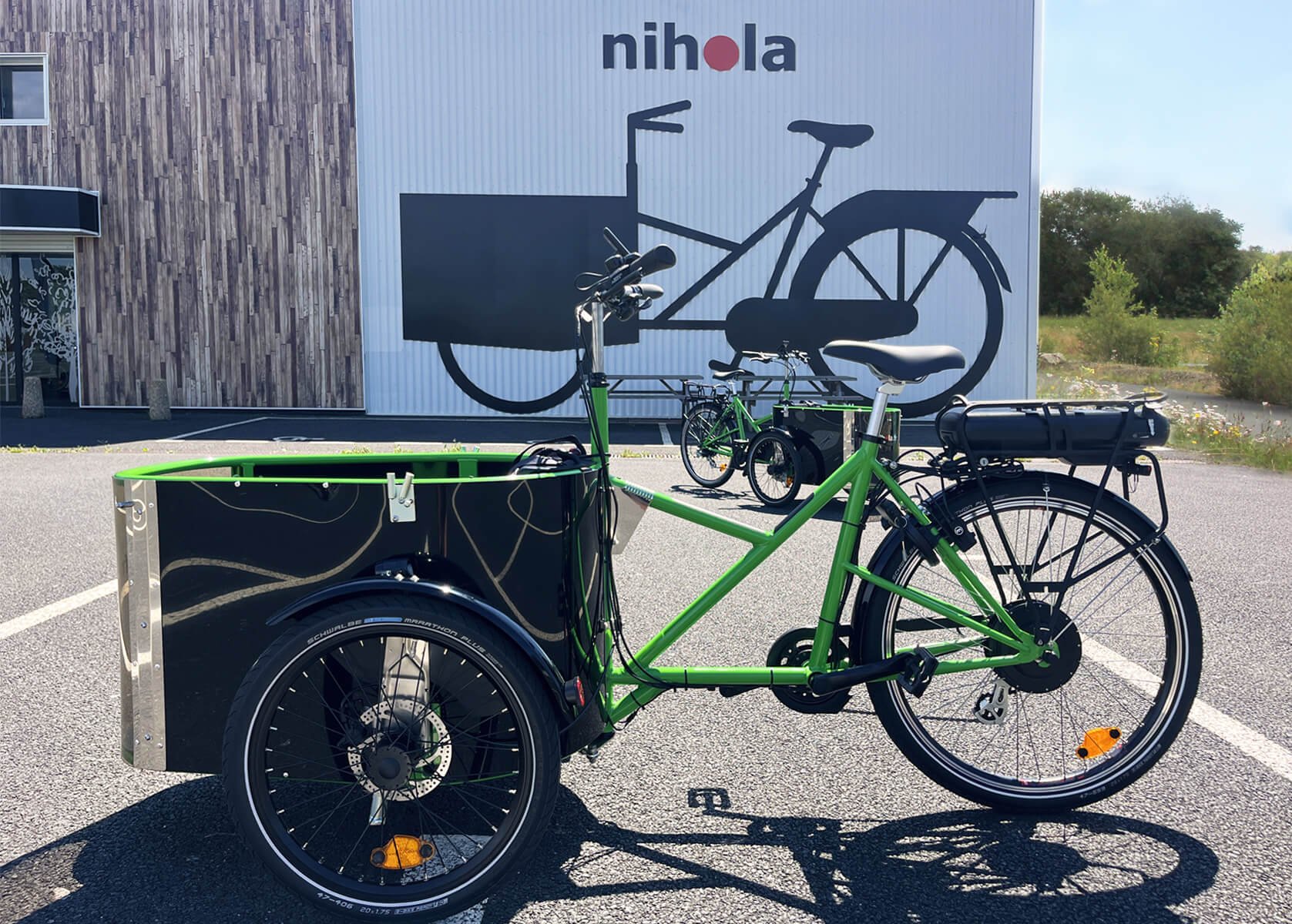 Triporteur NIHOLA CARGO Family électrique avec cadre vert jaune RAL 6018